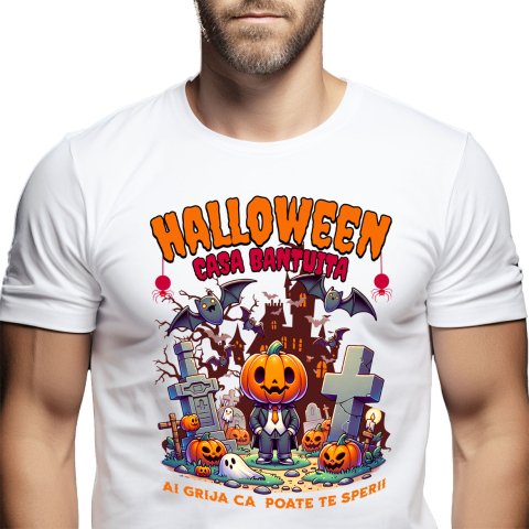Halloween - Tricou Femei, Barbati, Copii, Fata, Baiat, Unisex Personalizat Om cu Cap De Dovleac și Mesaj Halloween | Casa Bântuită | Cadouri Personalizate pentru Halloween
