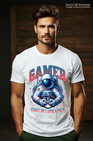 Tricou Femei, Barbati, Copii, Fata, Baiat, Unisex Personalizat Om în Costum Astronaut „Sunt În Lumea Mea” - Cadou Personalizat Gamer [1]