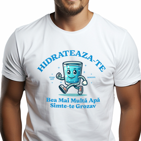 bauturi - Tricou Femei, Barbati, Copii, Fata, Baiat, Unisex Personalizat „Pahar Vesel „Hidratează-te, Bea Mai Multă Apă” – Cadou Personalizat pentru Familie și Prieteni”