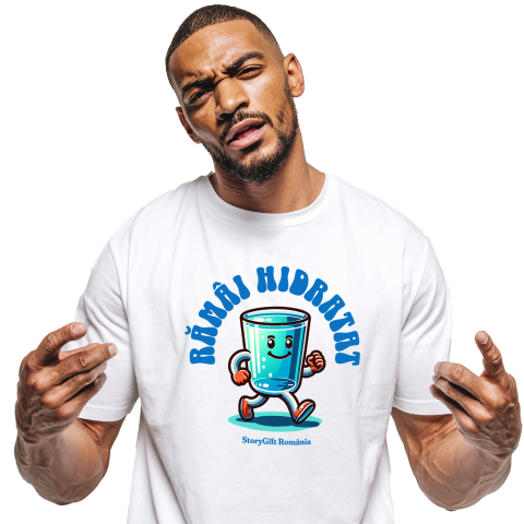 Tricou Femei, Barbati, Copii, Fata, Baiat, Unisex Personalizat „Pahar de Apă Vesel – Rămâi Mereu Hidratat cu Acest Cadou Personalizat!”