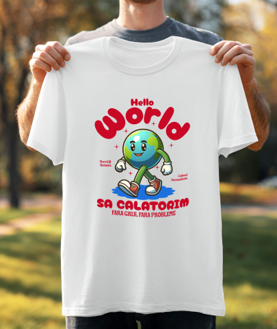 Tricou Femei, Barbati, Copii, Fata, Baiat, Unisex Personalizat "Produse personalizate pentru călătorii – Pământ animat cu adidași roșii și text Hello World" [2]