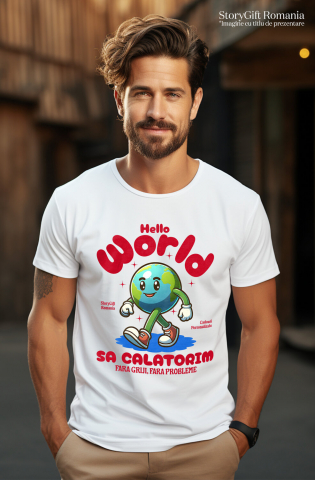 Tricou Femei, Barbati, Copii, Fata, Baiat, Unisex Personalizat "Produse personalizate pentru călătorii – Pământ animat cu adidași roșii și text Hello World" [1]