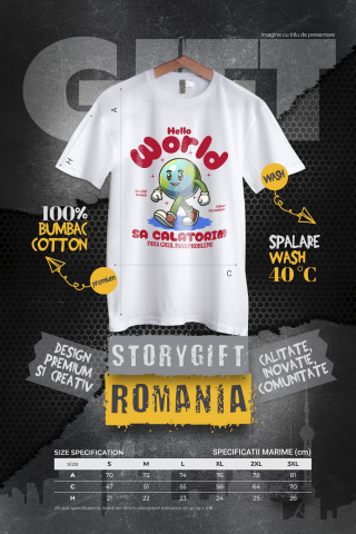 Tricou Femei, Barbati, Copii, Fata, Baiat, Unisex Personalizat "Produse personalizate pentru călătorii – Pământ animat cu adidași roșii și text Hello World" [3]