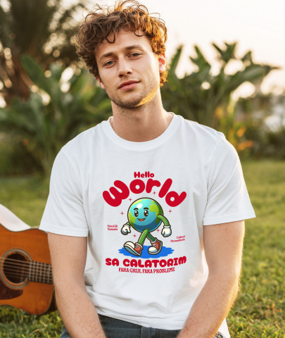 Tricou Femei, Barbati, Copii, Fata, Baiat, Unisex Personalizat "Produse personalizate pentru călătorii – Pământ animat cu adidași roșii și text Hello World" [1]