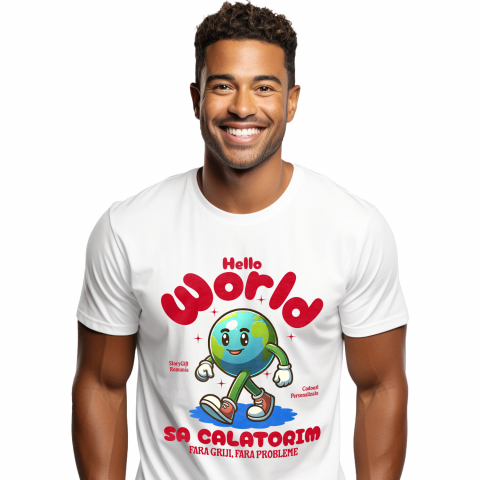 PLANETA - Tricou Femei, Barbati, Copii, Fata, Baiat, Unisex Personalizat "Produse personalizate pentru călătorii – Pământ animat cu adidași roșii și text Hello World"