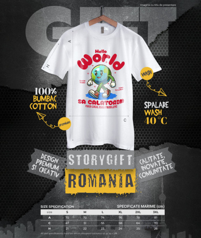 Tricou Femei, Barbati, Copii, Fata, Baiat, Unisex Personalizat "Produse personalizate pentru călătorii – Pământ animat cu adidași roșii și text Hello World" [3]