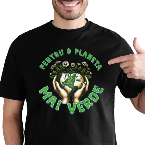 Tricou Femei, Barbati, Copii, Fata, Baiat, Unisex Personalizat "Produse personalizate ecologice – Pământ în formă de inimă și flori de margarete pentru o planetă mai verde"