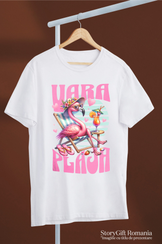 Tricou Femei, Barbati, Copii, Fata, Baiat, Unisex Personalizat "Produse personalizate pentru vară – Flamingo roz cu pălărie florală și cocktail pentru vacanță la plajă" [2]