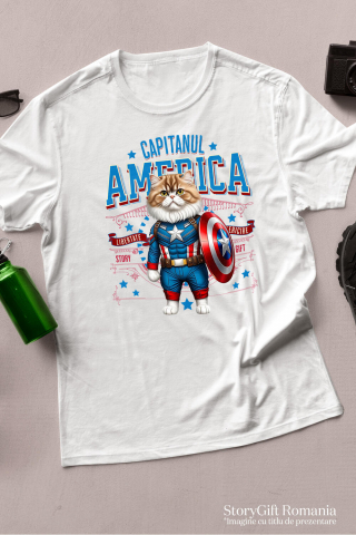 Tricou Femei, Barbati, Copii, Fata, Baiat, Unisex Personalizat Pisica Persan în Costum de Captain America cu Pelerină - Cadou Personalizat pentru Copii și Iubitorii de Pisici [2]