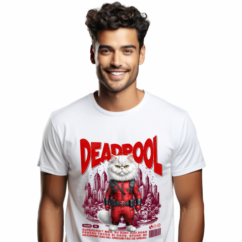 Supereroi - Tricou Femei, Barbati, Copii, Fata, Baiat, Unisex Personalizat Pisică Persană în Costum Deadpool – Supererou Haioș și Personalizat