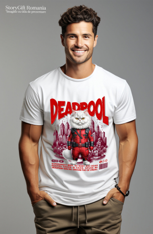 Tricou Femei, Barbati, Copii, Fata, Baiat, Unisex Personalizat Pisică Persană în Costum Deadpool – Supererou Haioș și Personalizat [1]
