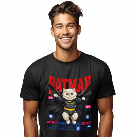Tricou Femei, Barbati, Copii, Fata, Baiat, Unisex Personalizat Pisica Persană în Costum de Batman – Supererou Haioasă pentru Iubitorii de Pisici și Copii