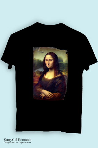 Tricou Barbati Cu Pictura Stil Gioconda, Leonardo da Vinci, Mona Lisa, Arta Clasica,  cu imprimeu pe Fata, 100% Bumbac, Negru, S [1]