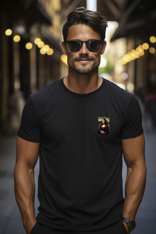 Tricou Barbati Cu Pictura Stil Gioconda, Leonardo da Vinci, Mona Lisa, Arta Clasica, cu imprimeu pe Spate, 100% Bumbac, Negru, L [2]