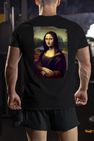 Tricou Barbati Cu Pictura Stil Gioconda, Leonardo da Vinci, Mona Lisa, Arta Clasica, cu imprimeu pe Spate, 100% Bumbac, Negru, L [1]