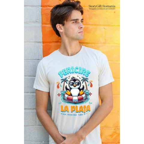Tricou Barbati cu Pinguin Cu Ochelari De Soare Colac Pe Mare Plaja Tropicala cu imprimeu pe Fata, 100% Bumbac, Alb, M [1]