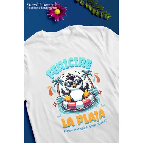 Tricou Barbati cu Pinguin Cu Ochelari De Soare Colac Pe Mare Plaja Tropicala cu imprimeu pe Fata, 100% Bumbac, Alb, M [2]