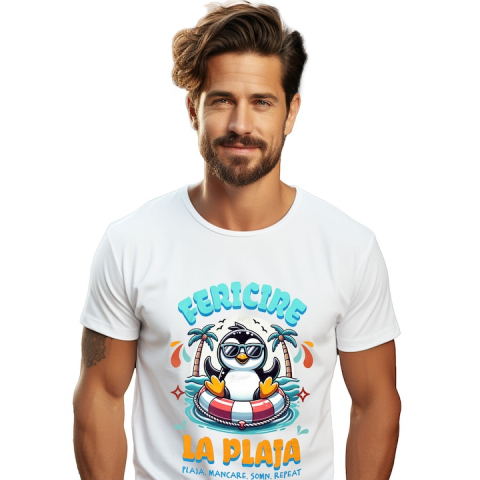 Barbati - Marimea M - Tricou Barbati cu Pinguin Cu Ochelari De Soare Colac Pe Mare Plaja Tropicala cu imprimeu pe Fata, 100% Bumbac, Alb, M