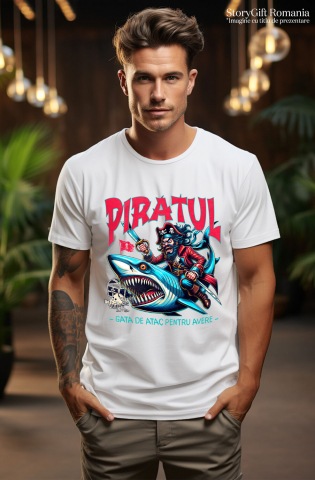 Tricou Femei, Barbati, Copii, Fata, Baiat, Unisex Personalizat Pirat Nervos pe Rechin cu Sabie - Cadou Personalizat pentru Copii și Tati [1]