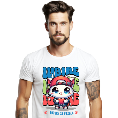 Tricou Femei, Barbati, Copii, Fata, Baiat, Unisex Personalizat Pisica Albă Stil Gangster Cu Pălărie Și Inimă – Cadou Personalizat „Iubire Și Pisica” pentru Iubitorii De Pisici