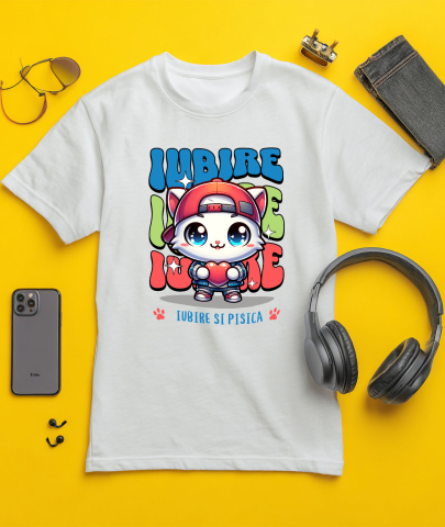 Tricou Femei, Barbati, Copii, Fata, Baiat, Unisex Personalizat Pisica Albă Stil Gangster Cu Pălărie Și Inimă – Cadou Personalizat „Iubire Și Pisica” pentru Iubitorii De Pisici [2]