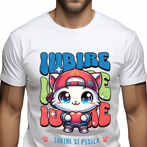 PISICI - Tricou Femei, Barbati, Copii, Fata, Baiat, Unisex Personalizat Pisica Albă Stil Gangster Cu Pălărie Și Inimă – Cadou Personalizat „Iubire Și Pisica” pentru Iubitorii De Pisici