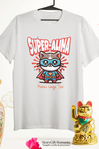 Tricou Femei, Barbati, Copii, Fata, Baiat, Unisex Personalizat Pisica Animată Cu Masca Si Costum De Super Erou – Cadou Personalizat Pentru Copii [2]