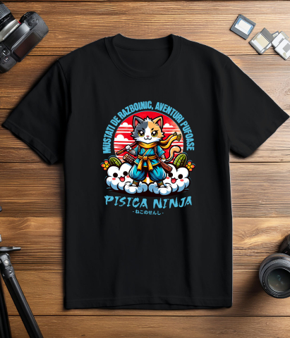 Tricou Femei, Barbati, Copii, Fata, Baiat, Unisex Personalizat Pisică Ninja Colorată cu Mustăți de Războinic – Aventuri Pufoase pe Nori [2]