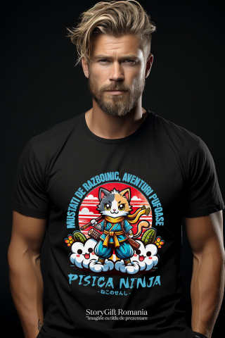 Tricou Femei, Barbati, Copii, Fata, Baiat, Unisex Personalizat Pisică Ninja Colorată cu Mustăți de Războinic – Aventuri Pufoase pe Nori [1]