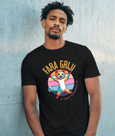 Tricou Femei, Barbati, Copii, Fata, Baiat, Unisex Personalizat Pisica Colorată Veselă „Fără Griji A Venit Weekend-ul” – Cadou Amuzant Pentru Iubitorii De Pisici [1]