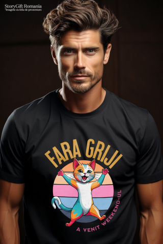 Tricou Femei, Barbati, Copii, Fata, Baiat, Unisex Personalizat Pisica Colorată Veselă „Fără Griji A Venit Weekend-ul” – Cadou Amuzant Pentru Iubitorii De Pisici [1]