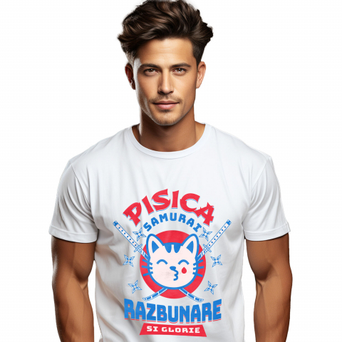 PISICI - Tricou Femei, Barbati, Copii, Fata, Baiat, Unisex Personalizat Pisica Samurai Cu Lacrima De Sânge Și Sabii Ninja – Răzbunare Și Glorie, Cadou Personalizat