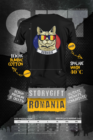 Tricou Barbati cu pisica cu mesajul "Romania", ochelari cu culorile steagului Romaniei, ilustratie, tricolor, gri, rosu, galben, albastru cu Maner Alb cu imprimeu pe Spate, 100% Bumbac,  Negru, M [1]
