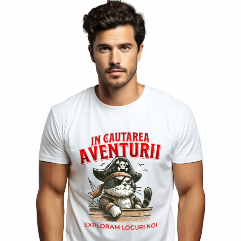 Tricou Femei, Barbati, Copii, Fata, Baiat, Unisex Personalizat Tricou Personalizat Pisică Pirat – "Explorăm Locuri Noi" | Cadou pentru Aventurieri și Iubitori de Pisici