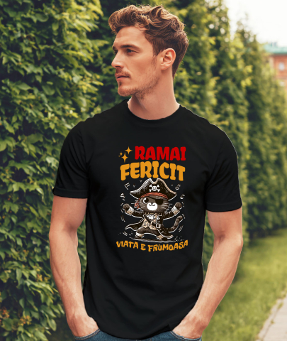 Tricou Femei, Barbati, Copii, Fata, Baiat, Unisex Personalizat Tricou Personalizat Pisică Pirat – "Rămâi Fericit, Viața E Frumoasă" | Cadou Amuzant pentru Iubitori de Pisici [1]