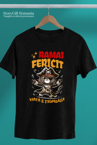 Tricou Femei, Barbati, Copii, Fata, Baiat, Unisex Personalizat Tricou Personalizat Pisică Pirat – "Rămâi Fericit, Viața E Frumoasă" | Cadou Amuzant pentru Iubitori de Pisici [2]