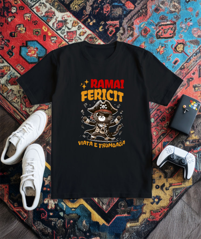 Tricou Femei, Barbati, Copii, Fata, Baiat, Unisex Personalizat Tricou Personalizat Pisică Pirat – "Rămâi Fericit, Viața E Frumoasă" | Cadou Amuzant pentru Iubitori de Pisici [2]