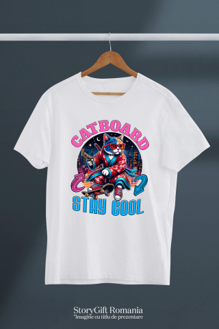 Tricou Femei, Barbati, Copii, Fata, Baiat, Unisex Personalizat Pisica Cu Skateboard – Ținută Asiană Urbană – Stay Cool – Cadou Personalizat Pentru Familie și Iubitorii De Pisici [2]