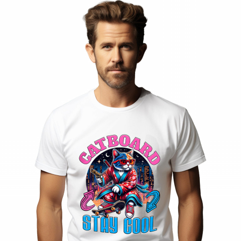 PISICI - Tricou Femei, Barbati, Copii, Fata, Baiat, Unisex Personalizat Pisica Cu Skateboard – Ținută Asiană Urbană – Stay Cool – Cadou Personalizat Pentru Familie și Iubitorii De Pisici