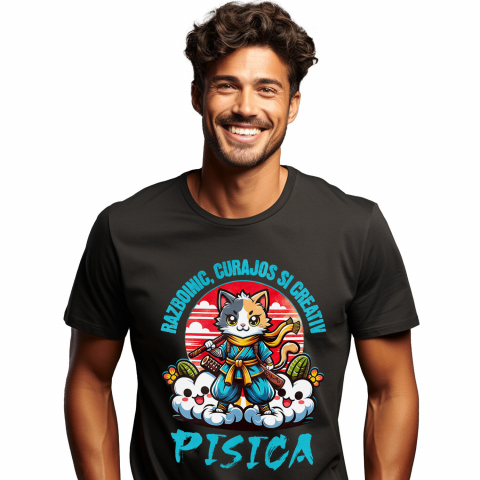 PISICI - Tricou Femei, Barbati, Copii, Fata, Baiat, Unisex Personalizat Pisica Ninja Cu Sabii – Motan Curajos Și Creativ – Cadou Personalizat Pentru Familie, Copii și Tati
