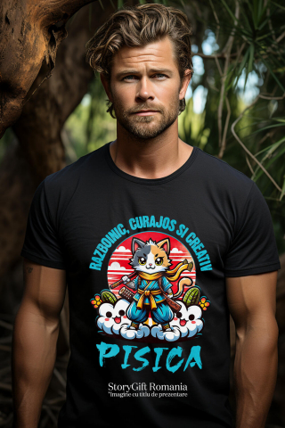 Tricou Femei, Barbati, Copii, Fata, Baiat, Unisex Personalizat Pisica Ninja Cu Sabii – Motan Curajos Și Creativ – Cadou Personalizat Pentru Familie, Copii și Tati [1]