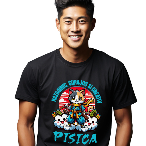 Pisici - Tricou Femei, Barbati, Copii, Fata, Baiat, Unisex Personalizat Pisica Ninja Cu Sabii – Motan Curajos Și Creativ – Cadou Personalizat Pentru Familie, Copii și Tati