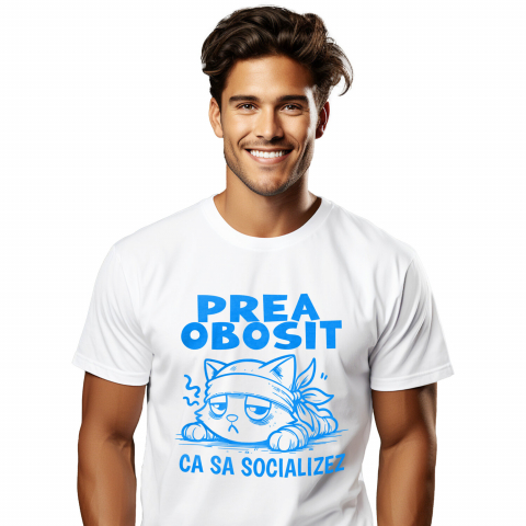 PISICI - Tricou Femei, Barbati, Copii, Fata, Baiat, Unisex Personalizat Pisica Extenuată Tristă Cu Mesaj „Prea Obosit Ca Să Socializez” – Cadou Amuzant Pentru Iubitorii De Motani
