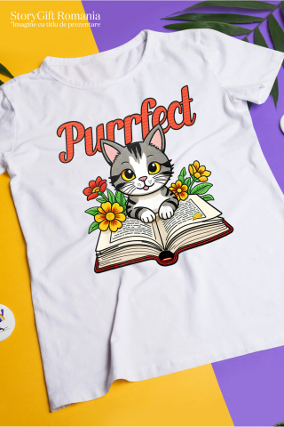 Tricou Femei, Barbati, Copii, Fata, Baiat, Unisex Personalizat Pisica Gri Citind Carte – Cadou Personalizat Purrfect pentru Iubitorii De Pisici și Cărți [2]