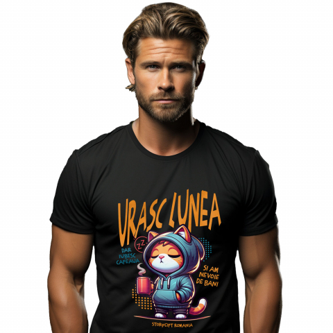 PISICI - Tricou Femei, Barbati, Copii, Fata, Baiat, Unisex Personalizat Pisica Haioasă Somnoroasă Cu Cană De Cafea – Cadou Personalizat „Urașc Lunea, Iubesc Cafeaua” pentru Iubitorii De Pisici și Cafea