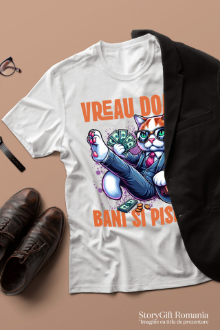 Tricou Femei, Barbati, Copii, Fata, Baiat, Unisex Personalizat Pisica în Costum Office cu Bancnote Bani - Avere și Lux pentru Iubitorii de Pisici [2]