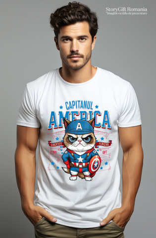 Tricou Femei, Barbati, Copii, Fata, Baiat, Unisex Personalizat Pisica Morocănoasă / Grumpy Cat în Costum de Captain America cu Pelerină - Cadou Personalizat pentru Copii și Iubitorii de Pisici [1]
