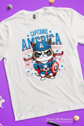 Tricou Femei, Barbati, Copii, Fata, Baiat, Unisex Personalizat Pisica Morocănoasă / Grumpy Cat în Costum de Captain America cu Pelerină - Cadou Personalizat pentru Copii și Iubitorii de Pisici [2]