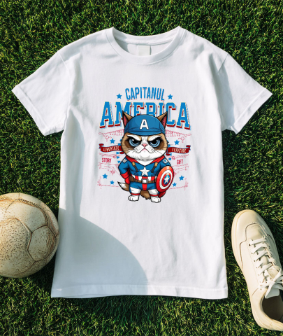 Tricou Femei, Barbati, Copii, Fata, Baiat, Unisex Personalizat Pisica Morocănoasă / Grumpy Cat în Costum de Captain America cu Pelerină - Cadou Personalizat pentru Copii și Iubitorii de Pisici [2]