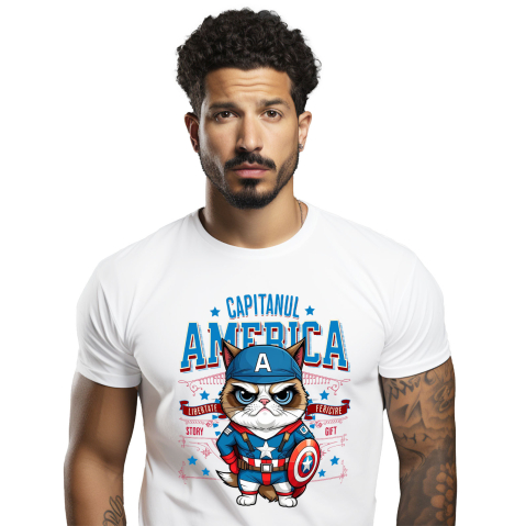 SuperEroi si Personaje TV - Tricou Femei, Barbati, Copii, Fata, Baiat, Unisex Personalizat Pisica Morocănoasă / Grumpy Cat în Costum de Captain America cu Pelerină - Cadou Personalizat pentru Copii și Iubitorii de Pisici